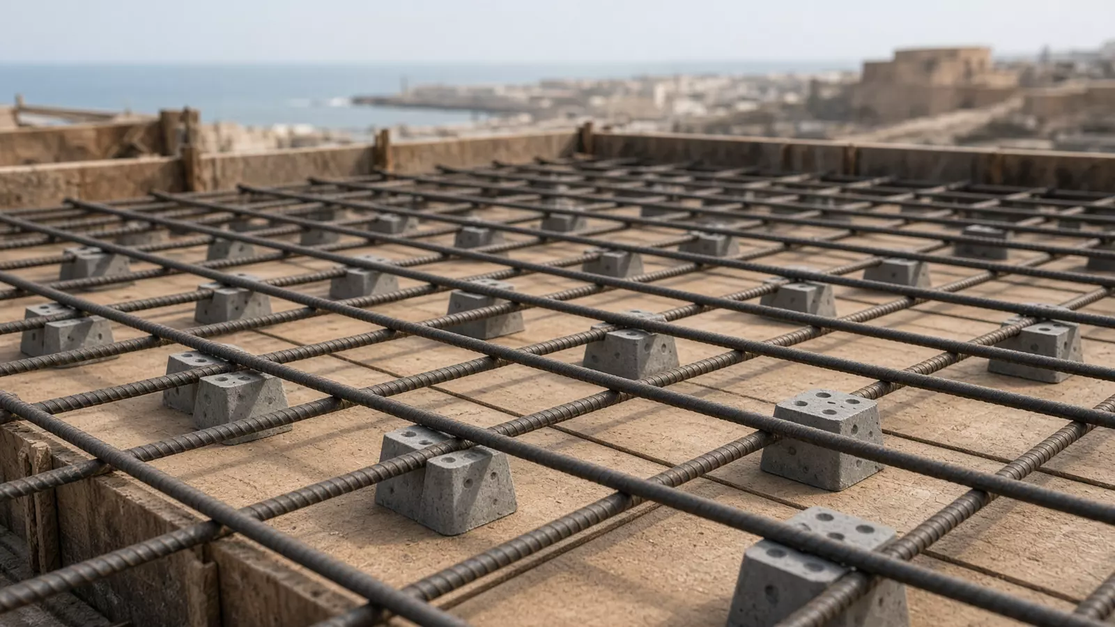 Ferraillage de dalle maintenu par des cales, avant coulage.